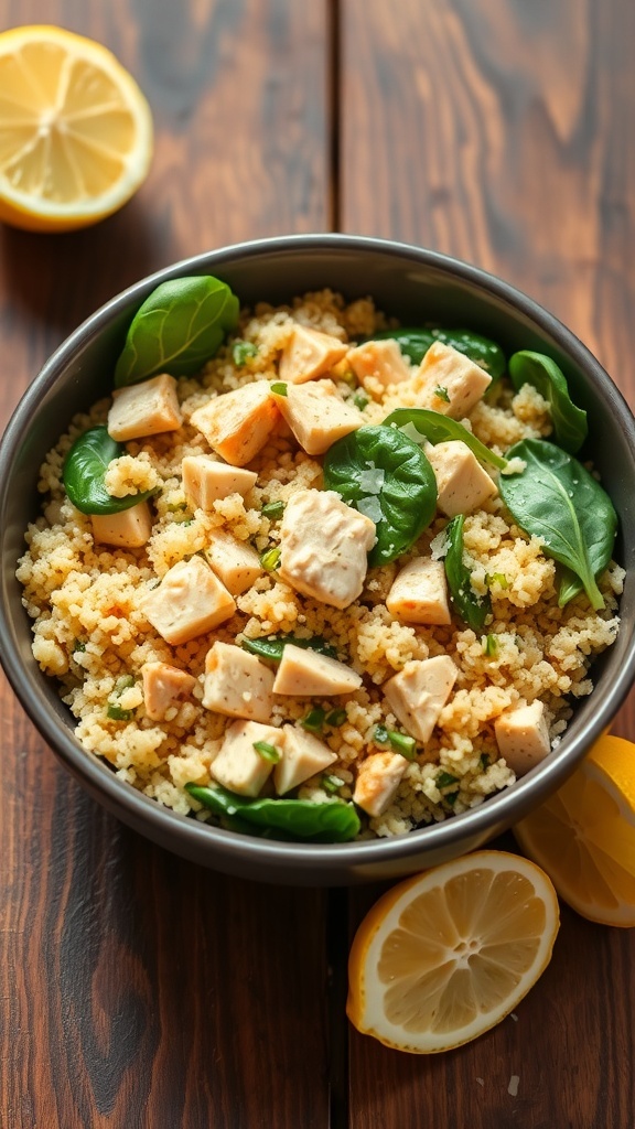 A healthy quinoa chicken and spinach bowl with chicken, spinach, and Parmesan cheese, served with lemon wedges.